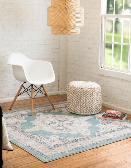 Aqua 4' x 4' Parker Square Area Rug Traditional Motif Classic Design Stain Resistant Carpet for Living, Dining, Bedrooms, Kitchen, Office for Sale at Rug Engine