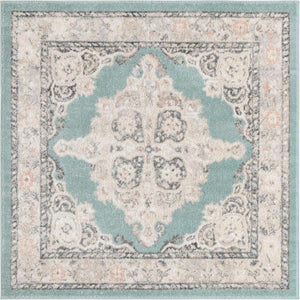 Aqua 5' x 5' Parker Square Area Rug Traditional Motif Classic Design Stain Resistant Carpet for Living, Dining, Bedrooms, Kitchen, Office for Sale at Rug Engine