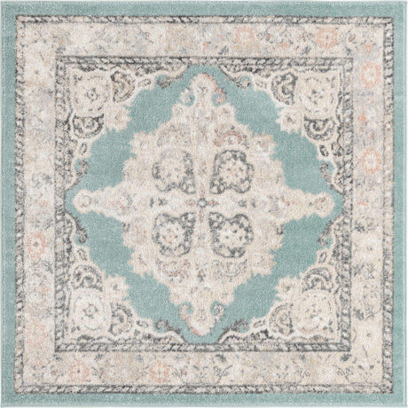 Aqua 5' x 5' Parker Square Area Rug Traditional Motif Classic Design Stain Resistant Carpet for Living, Dining, Bedrooms, Kitchen, Office for Sale at Rug Engine