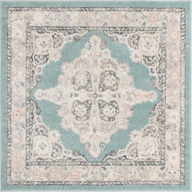 Aqua 5' x 5' Parker Square Area Rug Traditional Motif Classic Design Stain Resistant Carpet for Living, Dining, Bedrooms, Kitchen, Office for Sale at Rug Engine