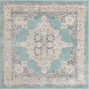 Aqua 7' 10 x 7' 10 Parker Square Area Rug Traditional Motif Classic Design Stain Resistant Carpet for Living, Dining, Bedrooms, Kitchen, Office for Sale at Rug Engine