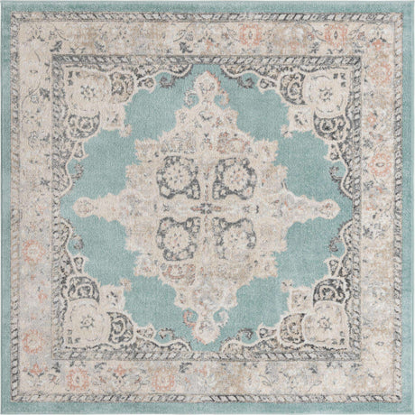 Aqua 7' 10 x 7' 10 Parker Square Area Rug Traditional Motif Classic Design Stain Resistant Carpet for Living, Dining, Bedrooms, Kitchen, Office for Sale at Rug Engine