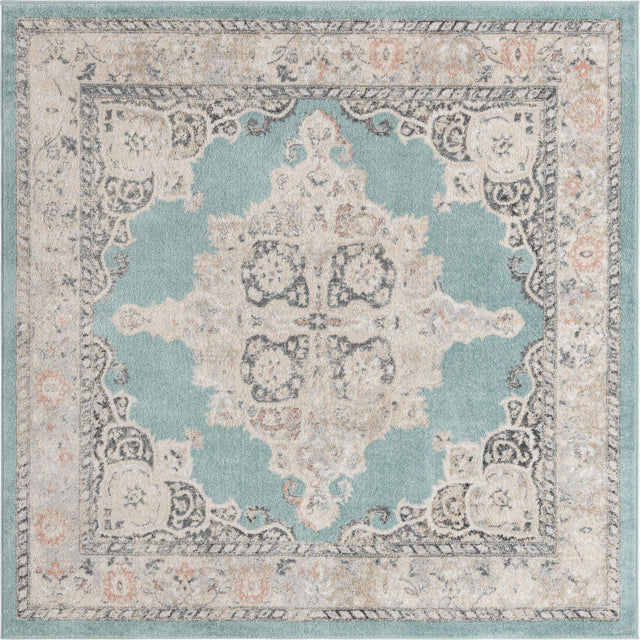 Aqua 7' 10 x 7' 10 Parker Square Area Rug Traditional Motif Classic Design Stain Resistant Carpet for Living, Dining, Bedrooms, Kitchen, Office for Sale at Rug Engine