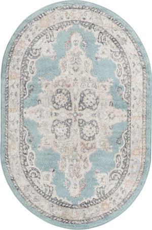 Aqua 4' x 6' Parker Oval Area Rug Traditional Motif Classic Design Stain Resistant Carpet for Living, Dining, Bedrooms, Kitchen, Office for Sale at Rug Engine