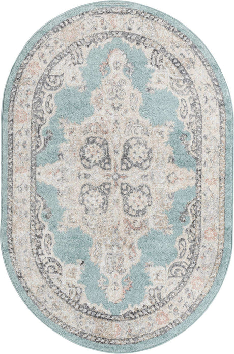 Aqua 4' x 6' Parker Oval Area Rug Traditional Motif Classic Design Stain Resistant Carpet for Living, Dining, Bedrooms, Kitchen, Office for Sale at Rug Engine