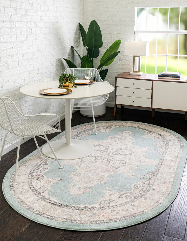 Aqua 5' x 8' Parker Oval Area Rug Traditional Motif Classic Design Stain Resistant Carpet for Living, Dining, Bedrooms, Kitchen, Office for Sale at Rug Engine