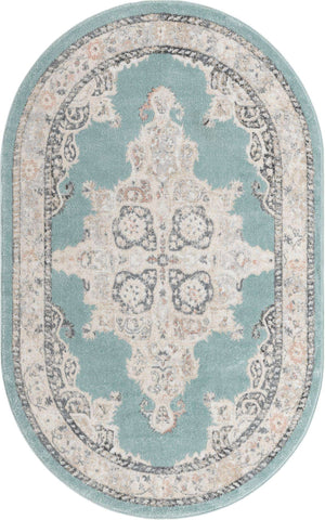 Aqua 5' x 8' Parker Oval Area Rug Traditional Motif Classic Design Stain Resistant Carpet for Living, Dining, Bedrooms, Kitchen, Office for Sale at Rug Engine