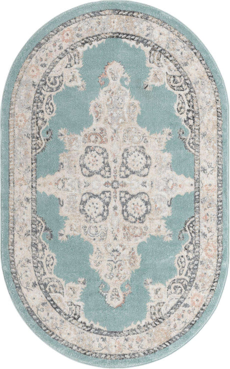Aqua 5' x 8' Parker Oval Area Rug Traditional Motif Classic Design Stain Resistant Carpet for Living, Dining, Bedrooms, Kitchen, Office for Sale at Rug Engine