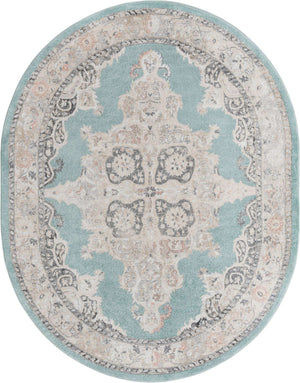 Aqua 7' 10 x 10' Parker Oval Area Rug Traditional Motif Classic Design Stain Resistant Carpet for Living, Dining, Bedrooms, Kitchen, Office for Sale at Rug Engine