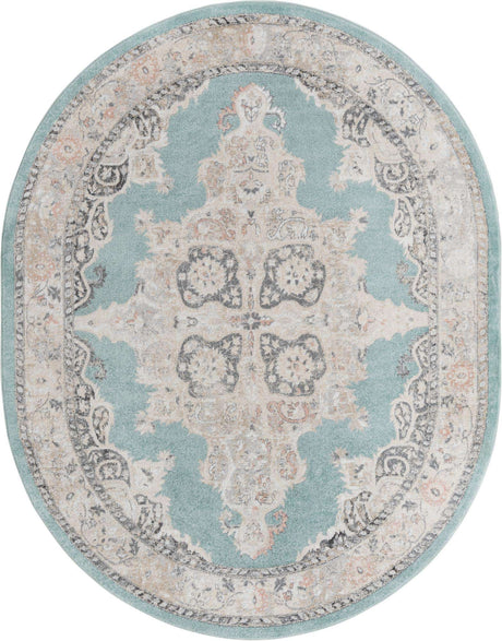 Aqua 7' 10 x 10' Parker Oval Area Rug Traditional Motif Classic Design Stain Resistant Carpet for Living, Dining, Bedrooms, Kitchen, Office for Sale at Rug Engine