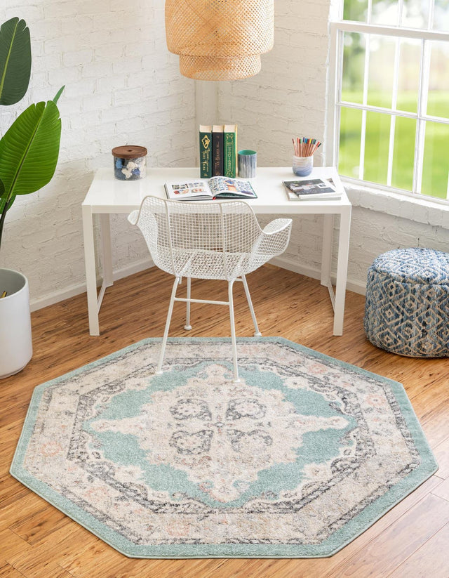 Aqua 5' x 5' Parker Octagon Area Rug Traditional Motif Classic Design Stain Resistant Carpet for Living, Dining, Bedrooms, Kitchen, Office for Sale at Rug Engine