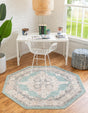 Aqua 5' x 5' Parker Octagon Area Rug Traditional Motif Classic Design Stain Resistant Carpet for Living, Dining, Bedrooms, Kitchen, Office for Sale at Rug Engine