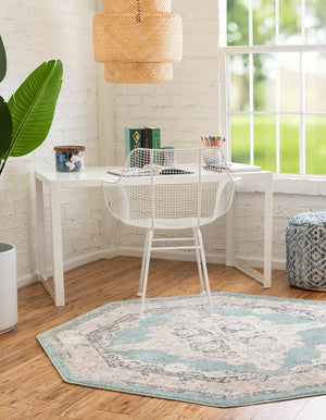 Aqua 5' x 5' Parker Octagon Area Rug Traditional Motif Classic Design Stain Resistant Carpet for Living, Dining, Bedrooms, Kitchen, Office for Sale at Rug Engine