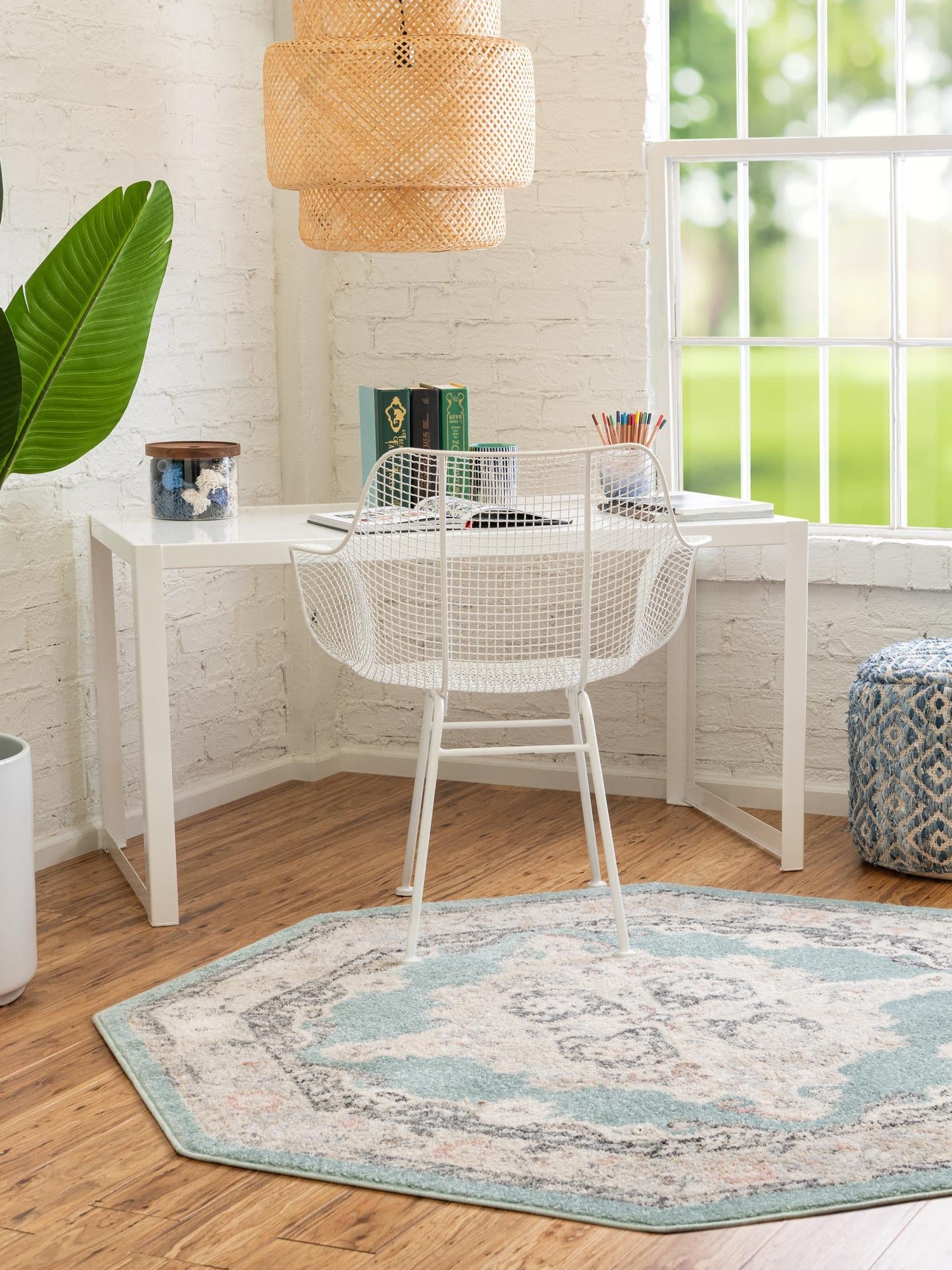 Aqua 7' 10 x 7' 10 Parker Octagon Area Rug Traditional Motif Classic Design Stain Resistant Carpet for Living, Dining, Bedrooms, Kitchen, Office for Sale at Rug Engine