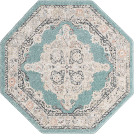 Aqua 5' x 5' Parker Octagon Area Rug Traditional Motif Classic Design Stain Resistant Carpet for Living, Dining, Bedrooms, Kitchen, Office for Sale at Rug Engine