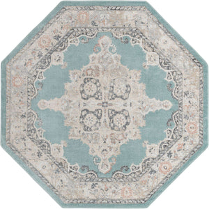 Aqua 7' 10 x 7' 10 Parker Octagon Area Rug Traditional Motif Classic Design Stain Resistant Carpet for Living, Dining, Bedrooms, Kitchen, Office for Sale at Rug Engine