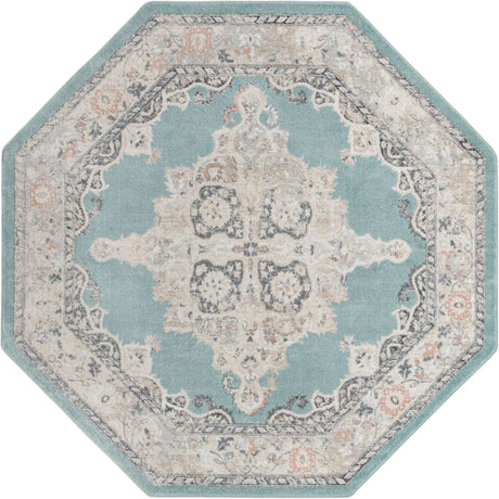 Aqua 7' 10 x 7' 10 Parker Octagon Area Rug Traditional Motif Classic Design Stain Resistant Carpet for Living, Dining, Bedrooms, Kitchen, Office for Sale at Rug Engine