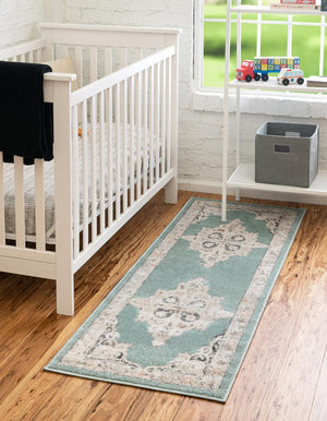 Aqua 2' x 8' Parker Runner Area Rug Traditional Motif Classic Design Stain Resistant Carpet for Living, Dining, Bedrooms, Kitchen, Office for Sale at Rug Engine