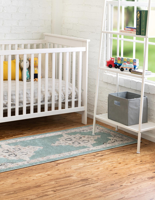 Aqua 2' x 8' Parker Runner Area Rug Traditional Motif Classic Design Stain Resistant Carpet for Living, Dining, Bedrooms, Kitchen, Office for Sale at Rug Engine