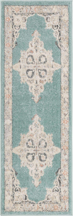 Aqua 2' x 6' Parker Runner Area Rug Traditional Motif Classic Design Stain Resistant Carpet for Living, Dining, Bedrooms, Kitchen, Office for Sale at Rug Engine
