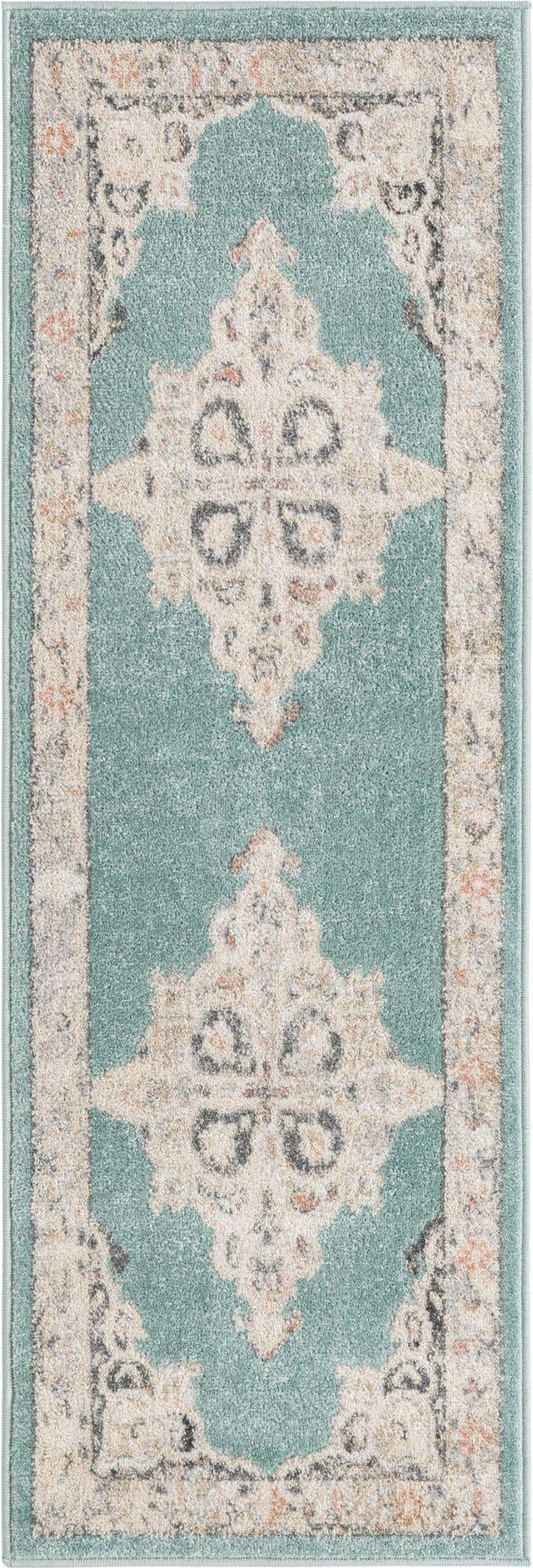 Aqua 2' x 6' Parker Runner Area Rug Traditional Motif Classic Design Stain Resistant Carpet for Living, Dining, Bedrooms, Kitchen, Office for Sale at Rug Engine