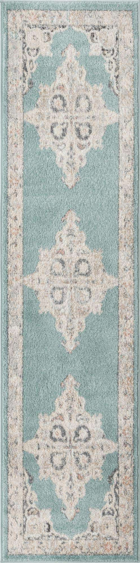 Aqua 2' x 8' Parker Runner Area Rug Traditional Motif Classic Design Stain Resistant Carpet for Living, Dining, Bedrooms, Kitchen, Office for Sale at Rug Engine