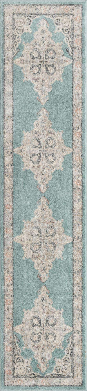 Aqua 2' 7 x 12' Parker Runner Area Rug Traditional Motif Classic Design Stain Resistant Carpet for Living, Dining, Bedrooms, Kitchen, Office for Sale at Rug Engine