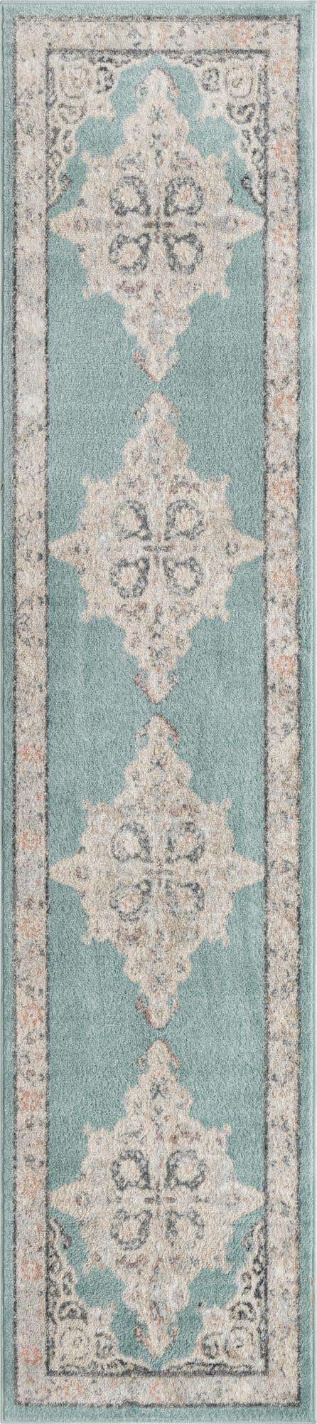 Aqua 2' 7 x 12' Parker Runner Area Rug Traditional Motif Classic Design Stain Resistant Carpet for Living, Dining, Bedrooms, Kitchen, Office for Sale at Rug Engine
