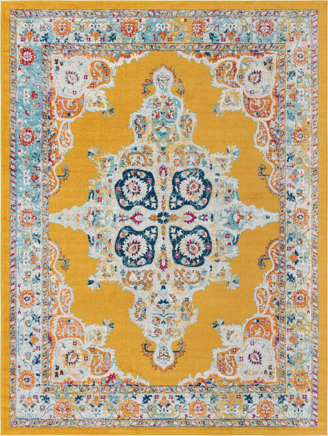 Yellow 9' x 12' Parker Rectangle Area Rug Traditional Motif Classic Design Stain Resistant Carpet for Living, Dining, Bedrooms, Kitchen, Office for Sale at Rug Engine