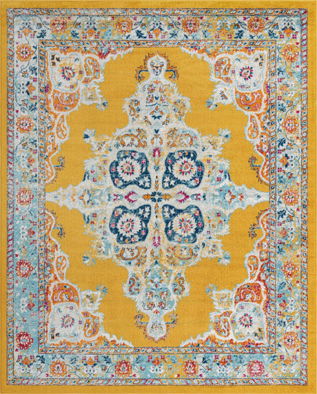 Yellow 7' 10 x 10' Parker Rectangle Area Rug Traditional Motif Classic Design Stain Resistant Carpet for Living, Dining, Bedrooms, Kitchen, Office for Sale at Rug Engine