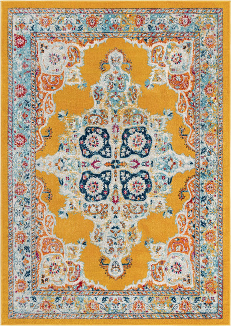 Yellow 7' x 10' Parker Rectangle Area Rug Traditional Motif Classic Design Stain Resistant Carpet for Living, Dining, Bedrooms, Kitchen, Office for Sale at Rug Engine