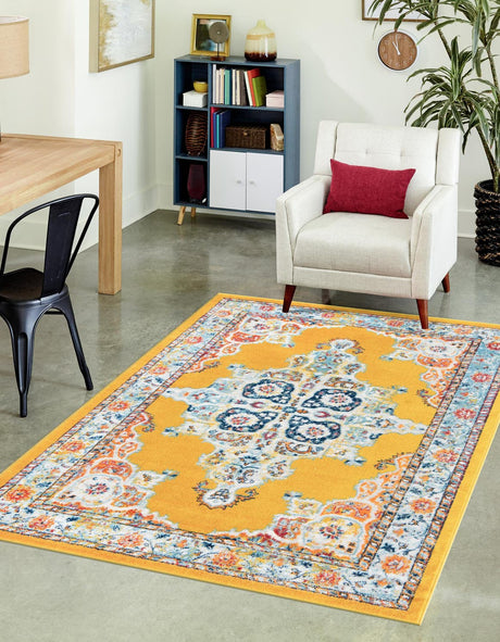 Yellow 6' x 9' Parker Rectangle Area Rug Traditional Motif Classic Design Stain Resistant Carpet for Living, Dining, Bedrooms, Kitchen, Office for Sale at Rug Engine