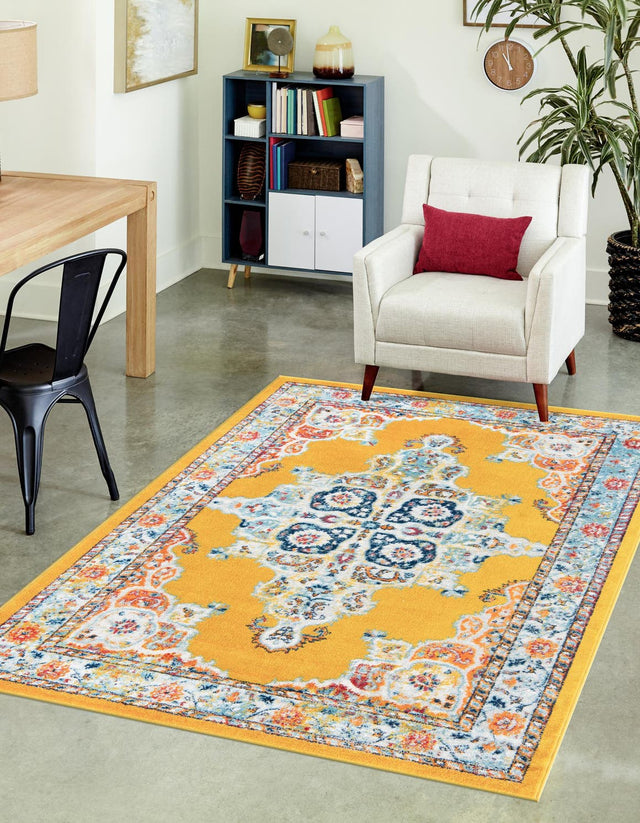 Yellow 7' 10 x 10' Parker Rectangle Area Rug Traditional Motif Classic Design Stain Resistant Carpet for Living, Dining, Bedrooms, Kitchen, Office for Sale at Rug Engine
