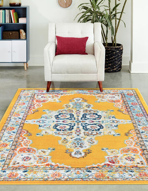 Yellow 9' x 12' Parker Rectangle Area Rug Traditional Motif Classic Design Stain Resistant Carpet for Living, Dining, Bedrooms, Kitchen, Office for Sale at Rug Engine