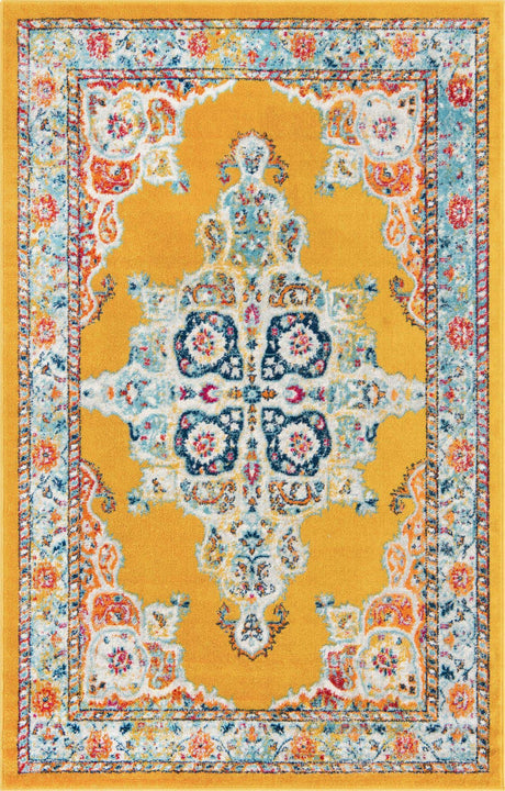 Yellow 5' x 8' Parker Rectangle Area Rug Traditional Motif Classic Design Stain Resistant Carpet for Living, Dining, Bedrooms, Kitchen, Office for Sale at Rug Engine