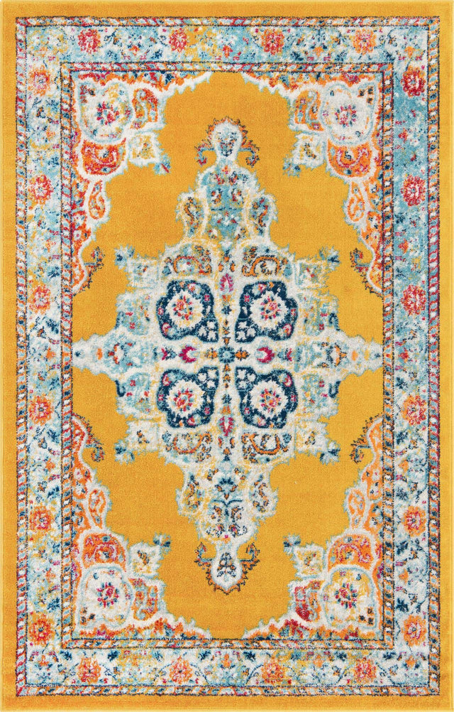 Yellow 5' x 8' Parker Rectangle Area Rug Traditional Motif Classic Design Stain Resistant Carpet for Living, Dining, Bedrooms, Kitchen, Office for Sale at Rug Engine