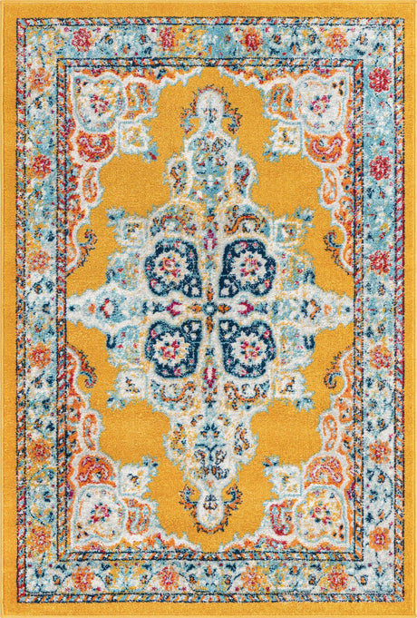 Yellow 4' x 6' Parker Rectangle Area Rug Traditional Motif Classic Design Stain Resistant Carpet for Living, Dining, Bedrooms, Kitchen, Office for Sale at Rug Engine