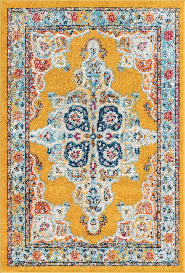 Yellow 4' x 6' Parker Rectangle Area Rug Traditional Motif Classic Design Stain Resistant Carpet for Living, Dining, Bedrooms, Kitchen, Office for Sale at Rug Engine