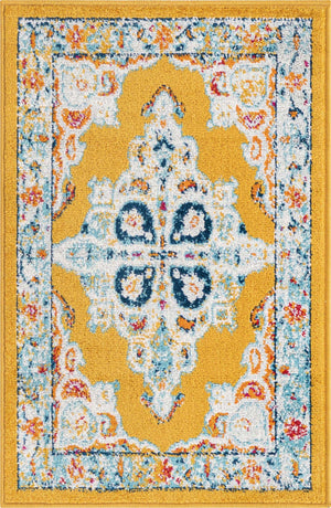 Yellow 2' x 3' Parker Rectangle Area Rug Traditional Motif Classic Design Stain Resistant Carpet for Living, Dining, Bedrooms, Kitchen, Office for Sale at Rug Engine