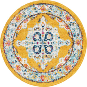 Yellow 3' 3 x 3' 3 Parker Round Area Rug Traditional Motif Classic Design Stain Resistant Carpet for Living, Dining, Bedrooms, Kitchen, Office for Sale at Rug Engine