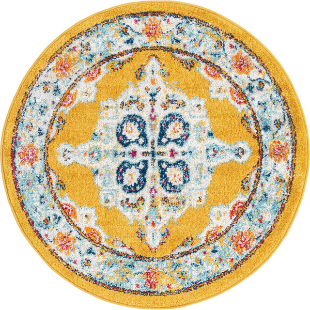 Yellow 3' 3 x 3' 3 Parker Round Area Rug Traditional Motif Classic Design Stain Resistant Carpet for Living, Dining, Bedrooms, Kitchen, Office for Sale at Rug Engine