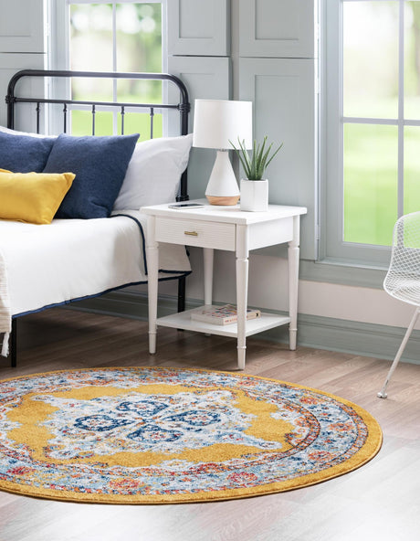 Yellow 7' 10 x 7' 10 Parker Round Area Rug Traditional Motif Classic Design Stain Resistant Carpet for Living, Dining, Bedrooms, Kitchen, Office for Sale at Rug Engine