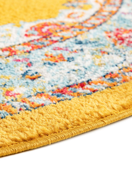 Yellow 5' x 5' Parker Round Area Rug Traditional Motif Classic Design Stain Resistant Carpet for Living, Dining, Bedrooms, Kitchen, Office for Sale at Rug Engine