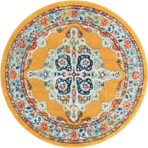 Yellow 5' x 5' Parker Round Area Rug Traditional Motif Classic Design Stain Resistant Carpet for Living, Dining, Bedrooms, Kitchen, Office for Sale at Rug Engine