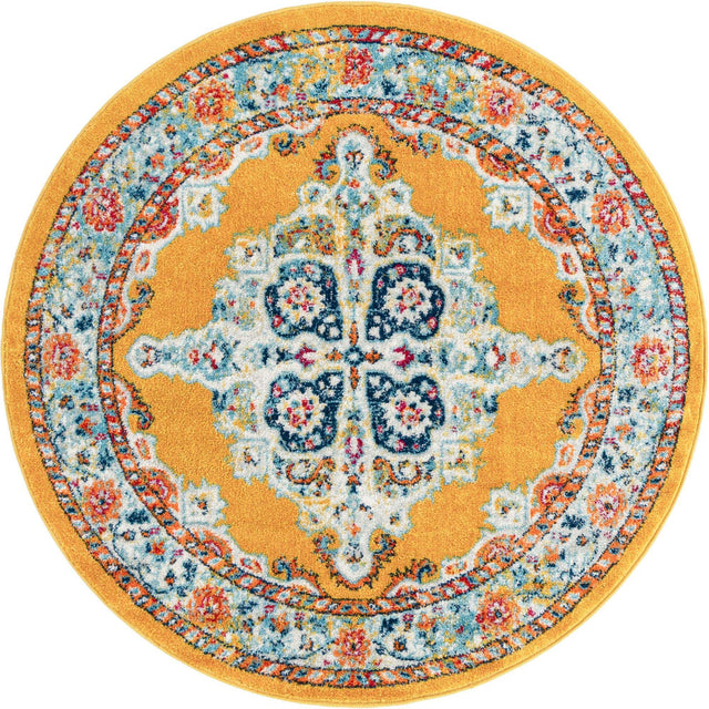 Yellow 5' x 5' Parker Round Area Rug Traditional Motif Classic Design Stain Resistant Carpet for Living, Dining, Bedrooms, Kitchen, Office for Sale at Rug Engine