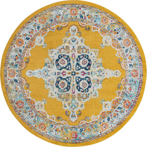 Yellow 7' 10 x 7' 10 Parker Round Area Rug Traditional Motif Classic Design Stain Resistant Carpet for Living, Dining, Bedrooms, Kitchen, Office for Sale at Rug Engine