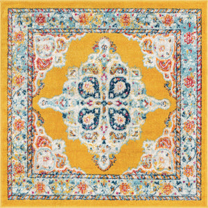 Yellow 4' x 4' Parker Square Area Rug Traditional Motif Classic Design Stain Resistant Carpet for Living, Dining, Bedrooms, Kitchen, Office for Sale at Rug Engine