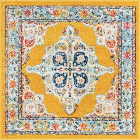 Yellow 4' x 4' Parker Square Area Rug Traditional Motif Classic Design Stain Resistant Carpet for Living, Dining, Bedrooms, Kitchen, Office for Sale at Rug Engine