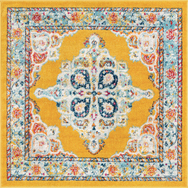 Yellow 4' x 4' Parker Square Area Rug Traditional Motif Classic Design Stain Resistant Carpet for Living, Dining, Bedrooms, Kitchen, Office for Sale at Rug Engine