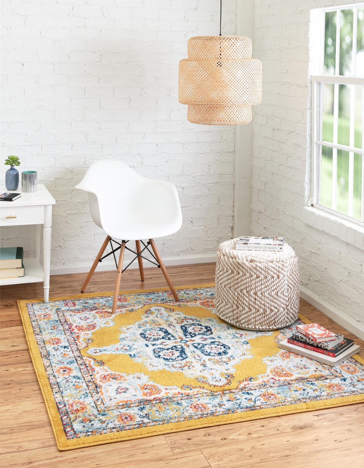 Yellow 7' 10 x 7' 10 Parker Square Area Rug Traditional Motif Classic Design Stain Resistant Carpet for Living, Dining, Bedrooms, Kitchen, Office for Sale at Rug Engine